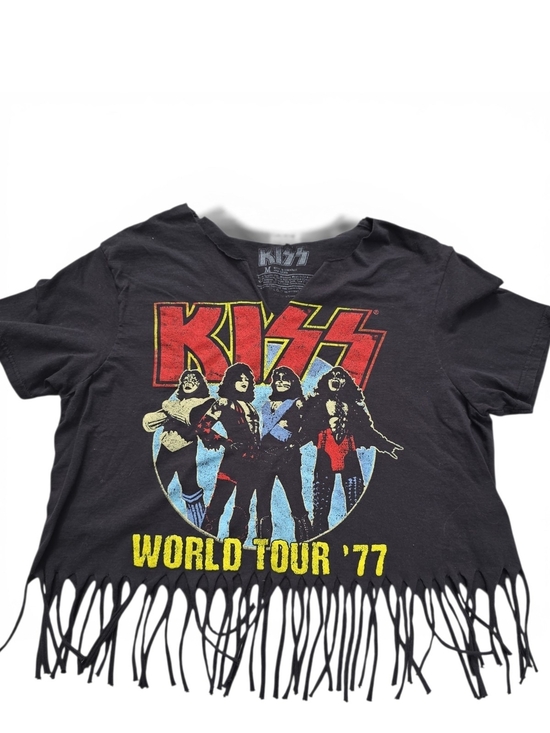 Kiss Tops - KISS Up Cycled Cropped & Fringed Black Graphic T-Shirt Women’s Size Medium